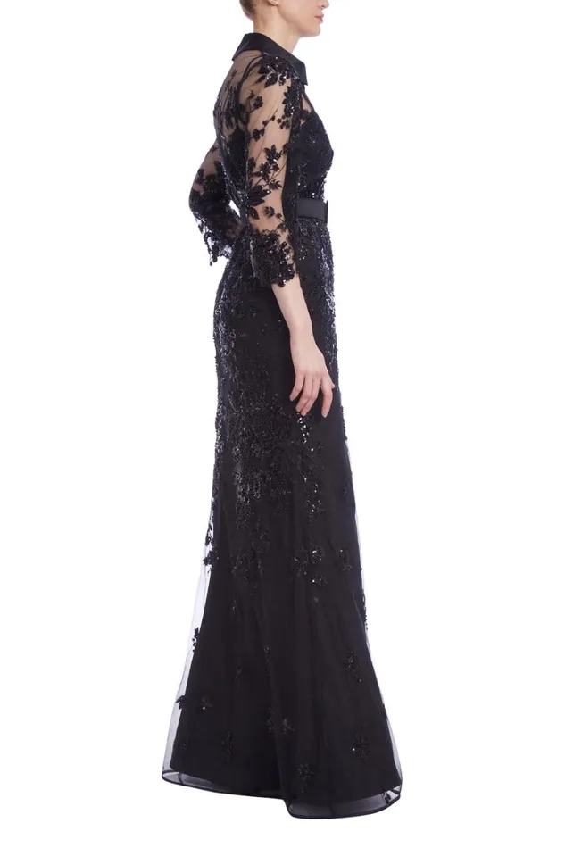 Women Gowns Badgley Mischka Beaded Illusion Neck Shirt Gown Black