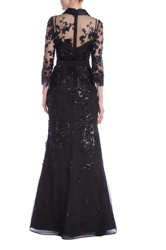 Women Gowns Badgley Mischka Beaded Illusion Neck Shirt Gown Black