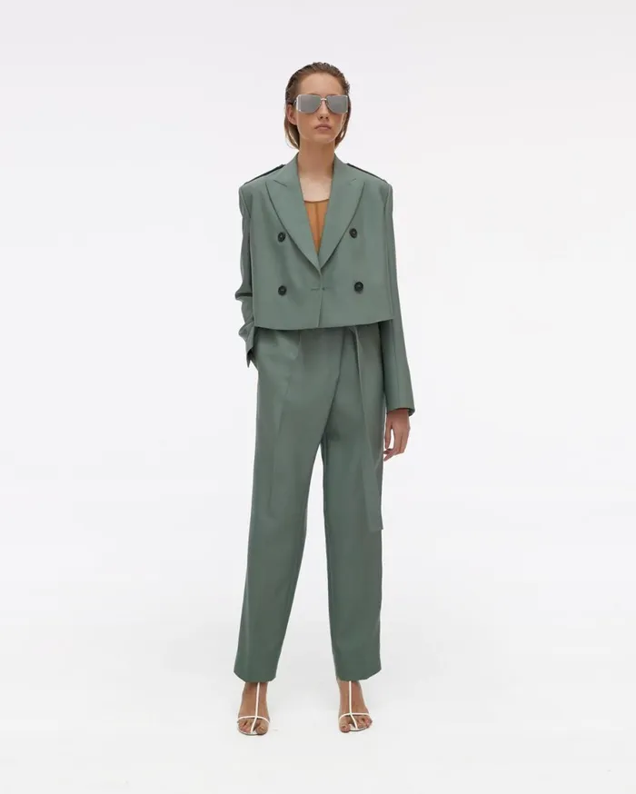 Women Helmut Lang Jackets Double Button Cropped Silk Blazer Jade