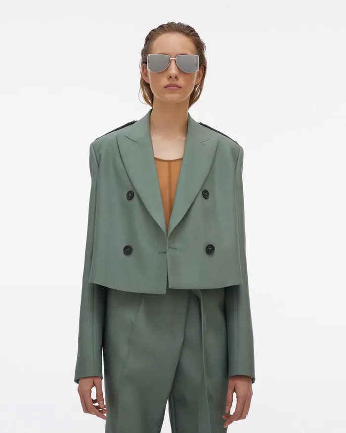 Women Helmut Lang Jackets Double Button Cropped Silk Blazer Jade