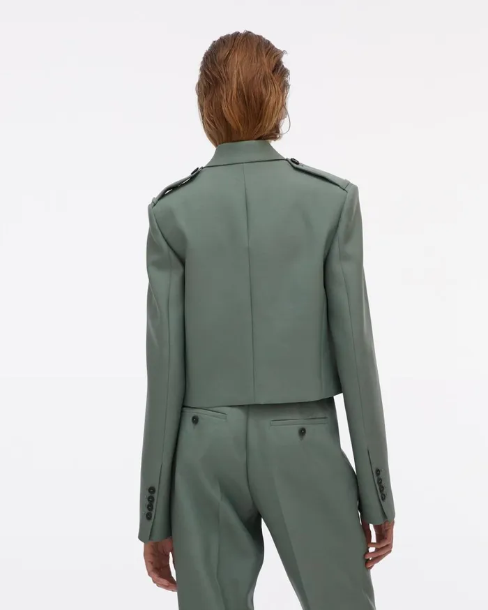 Women Helmut Lang Jackets Double Button Cropped Silk Blazer Jade