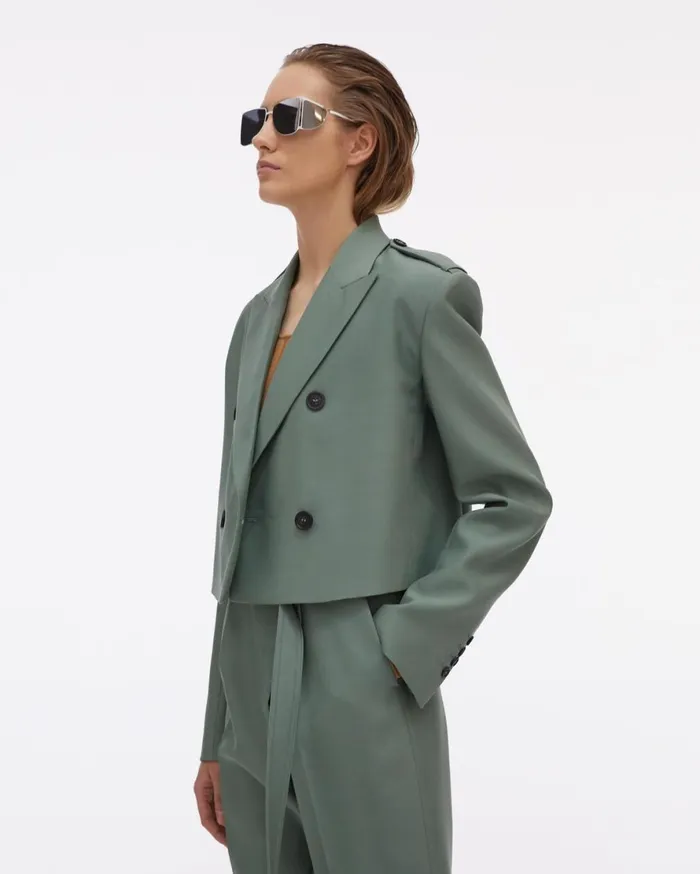 Women Helmut Lang Jackets Double Button Cropped Silk Blazer Jade