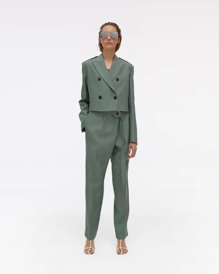 Women Helmut Lang Jackets Double Button Cropped Silk Blazer Jade