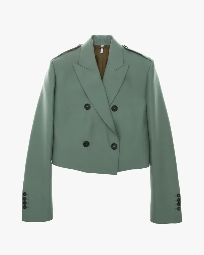 Women Helmut Lang Jackets Double Button Cropped Silk Blazer Jade