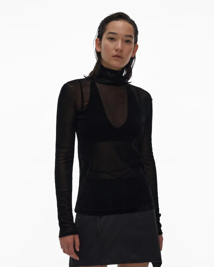 Women Helmut Lang Tops Velvet Tulle Top Basalt Black