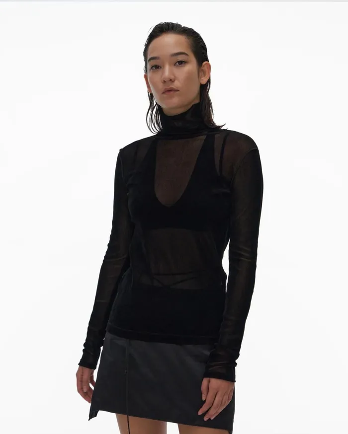 Women Helmut Lang Tops Velvet Tulle Top Basalt Black