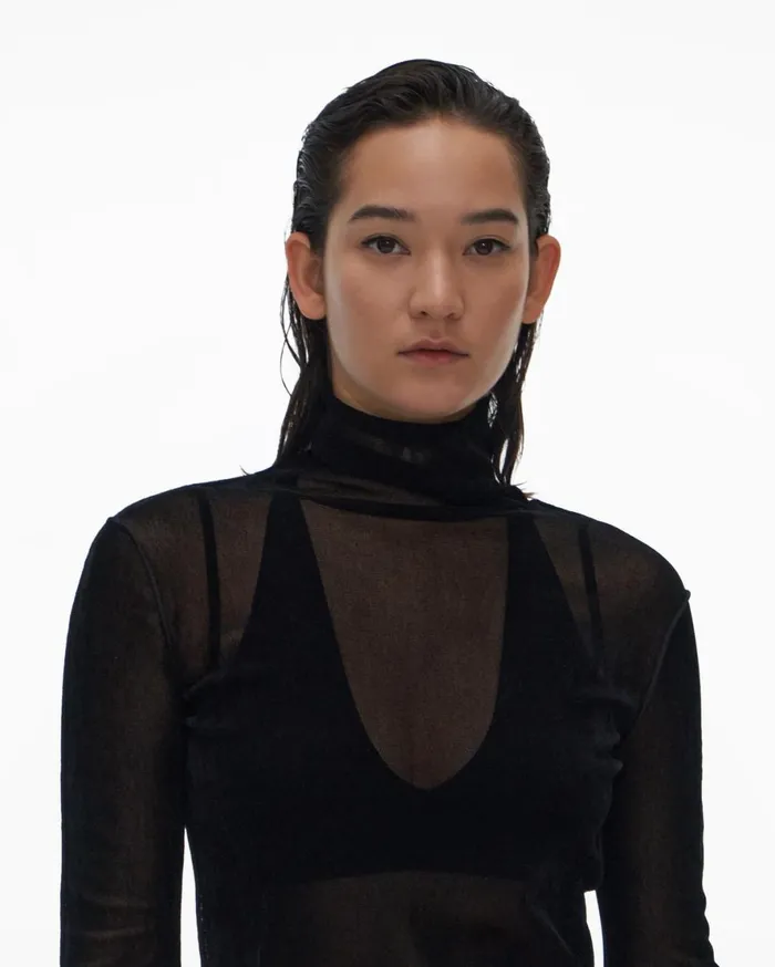 Women Helmut Lang Tops Velvet Tulle Top Basalt Black