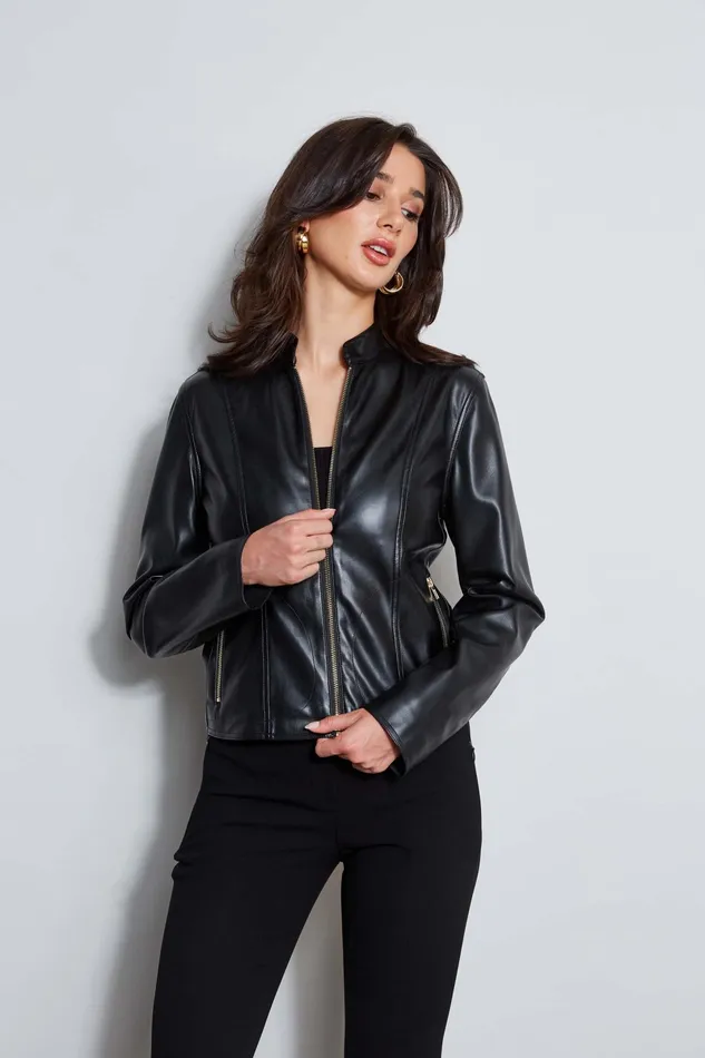 Women Jackets and Blazers Elie Tahari Vegan Leather Moto Jacket Noir
