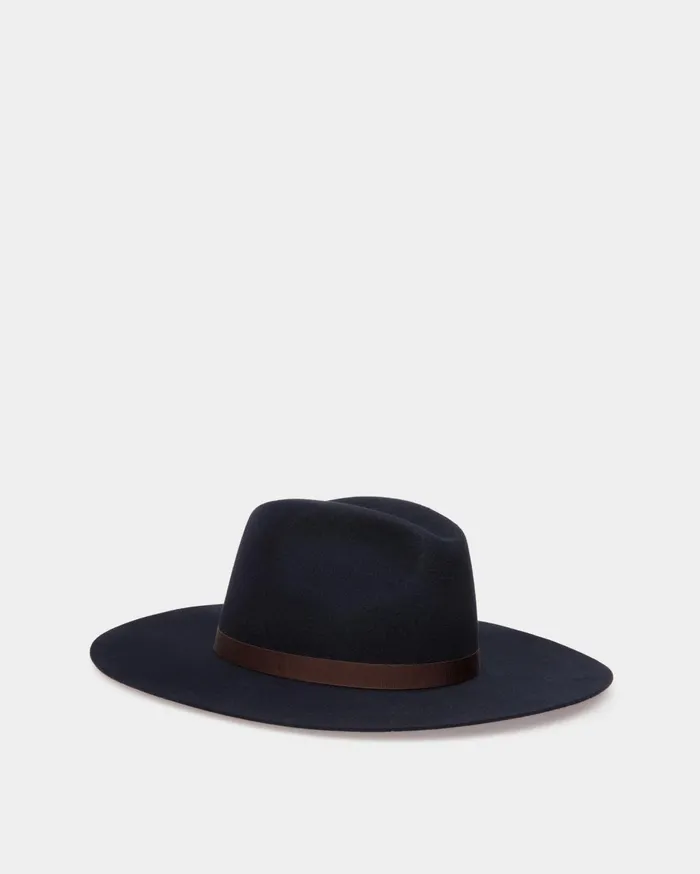 Women Large Brim Hat In Navy Blue Felt Bally Gloves and Hats