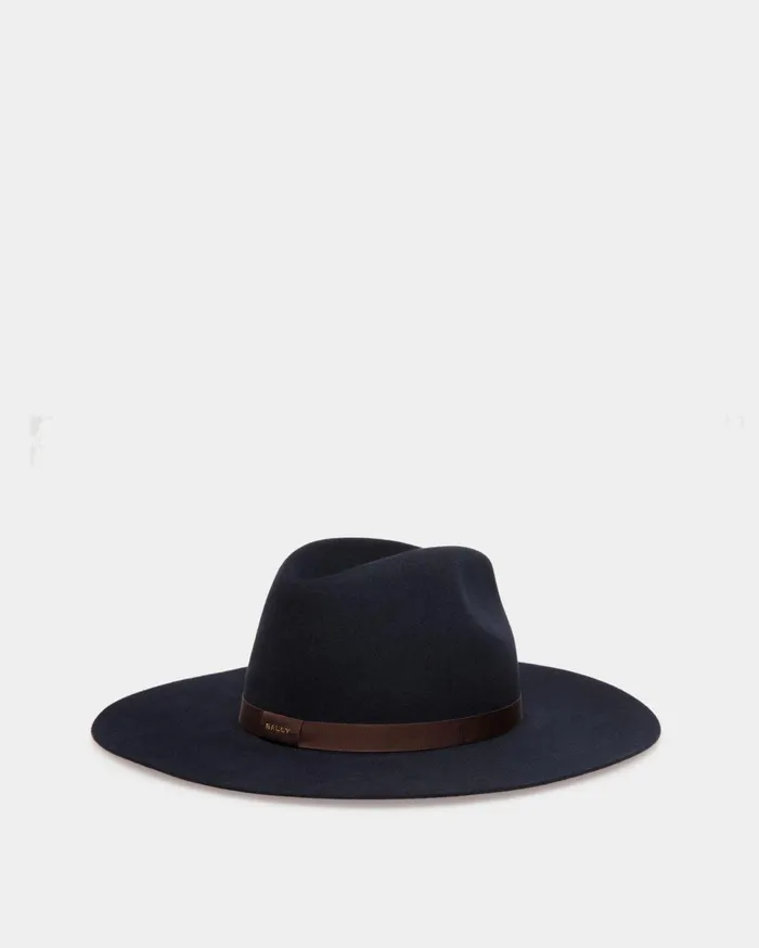 Women Large Brim Hat In Navy Blue Felt Bally Gloves and Hats