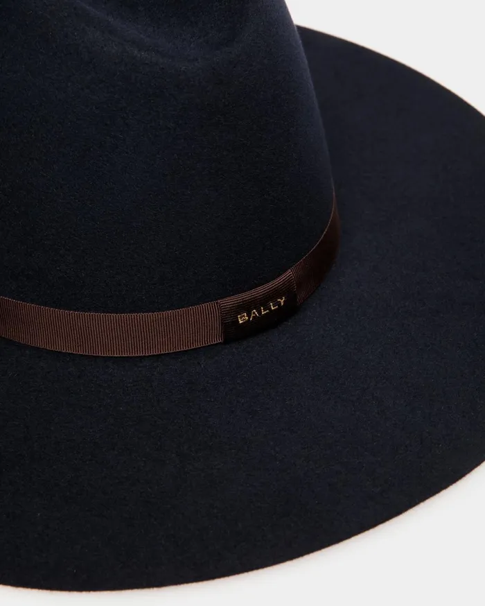 Women Large Brim Hat In Navy Blue Felt Bally Gloves and Hats