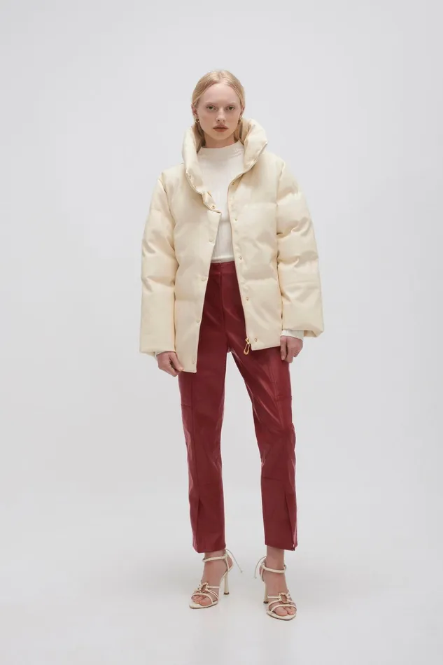 Women Leather Aje Roamer Puffer Jacket Light Sandstone Beige