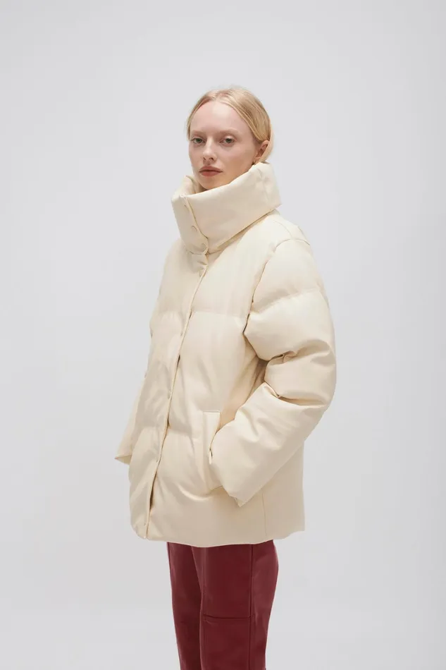 Women Leather Aje Roamer Puffer Jacket Light Sandstone Beige