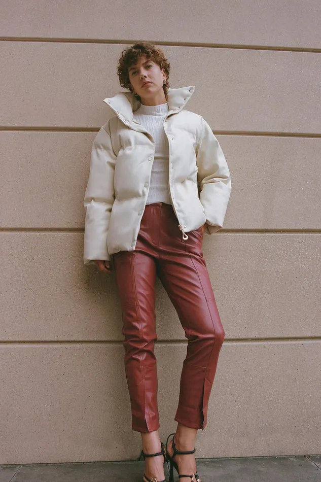 Women Leather Aje Roamer Puffer Jacket Light Sandstone Beige