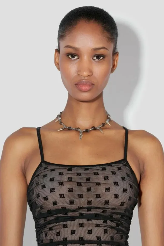 Women Mesh Monogram Draped Top Black MISBHV Tops