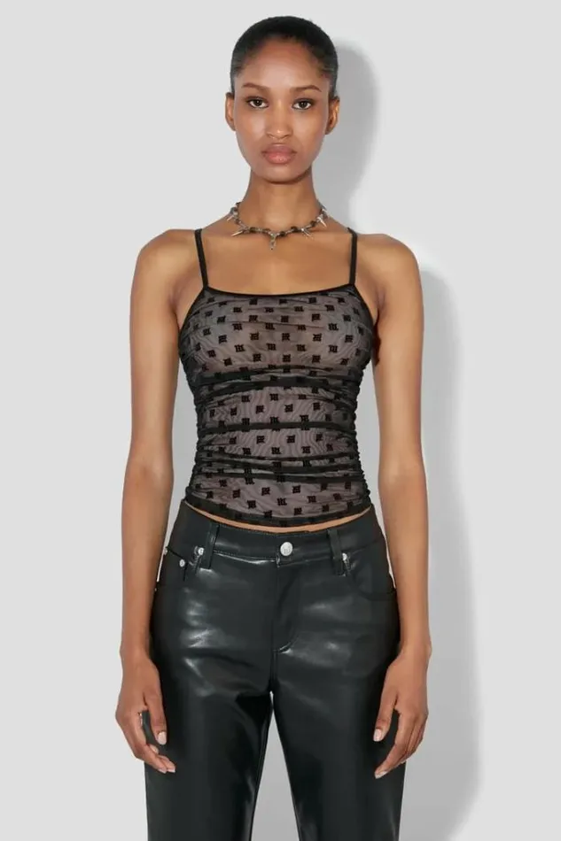 Women Mesh Monogram Draped Top Black MISBHV Tops