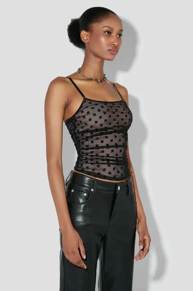 Women Mesh Monogram Draped Top Black MISBHV Tops