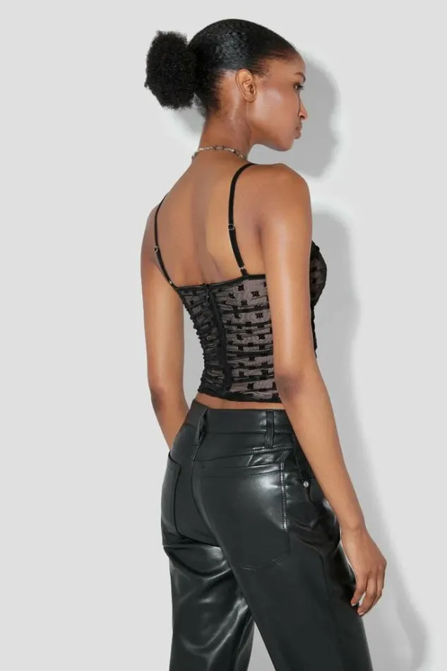 Women Mesh Monogram Draped Top Black MISBHV Tops