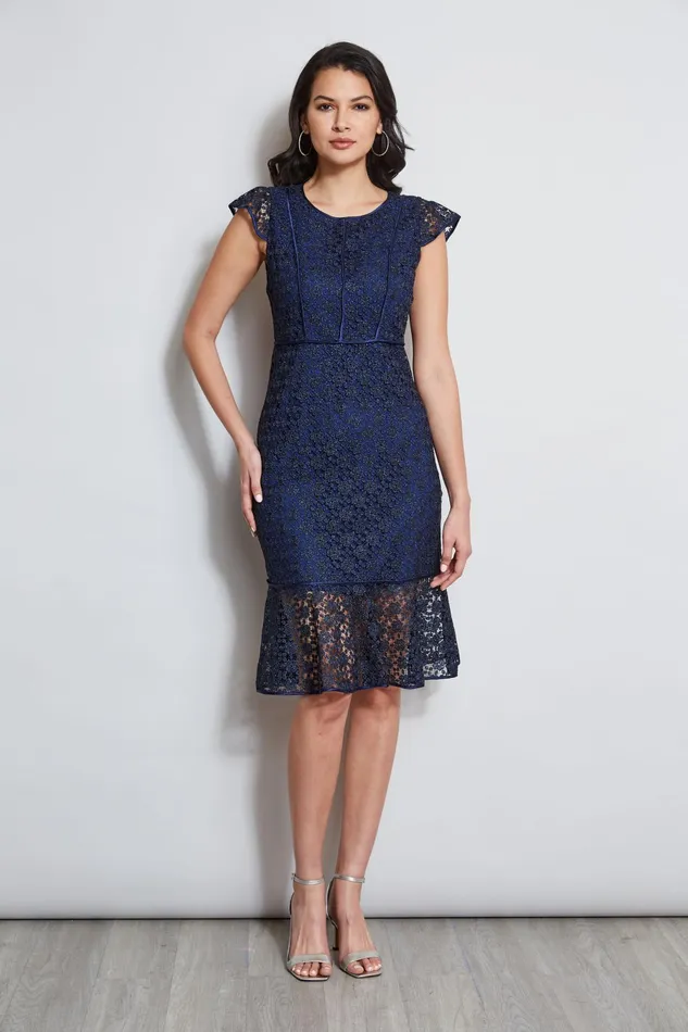 Women Midi Dresses Elie Tahari Lace Flutter Sleeve Dress Twilight