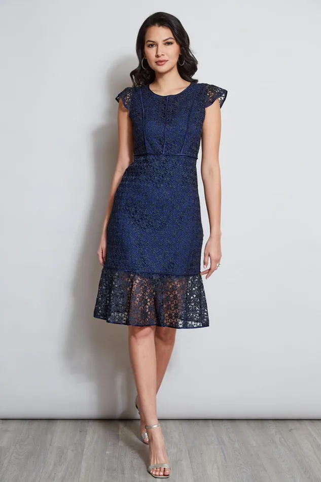Women Midi Dresses Elie Tahari Lace Flutter Sleeve Dress Twilight