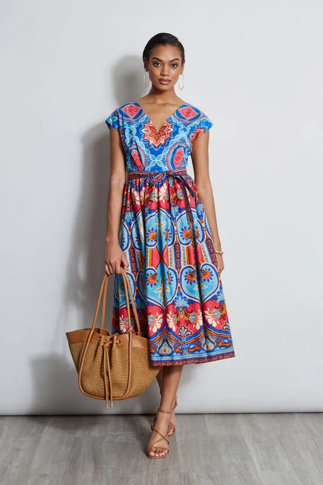 Women Midi Dresses Elie Tahari Tapestry Floral Cotton Midi Dress Tapestry Floral Print