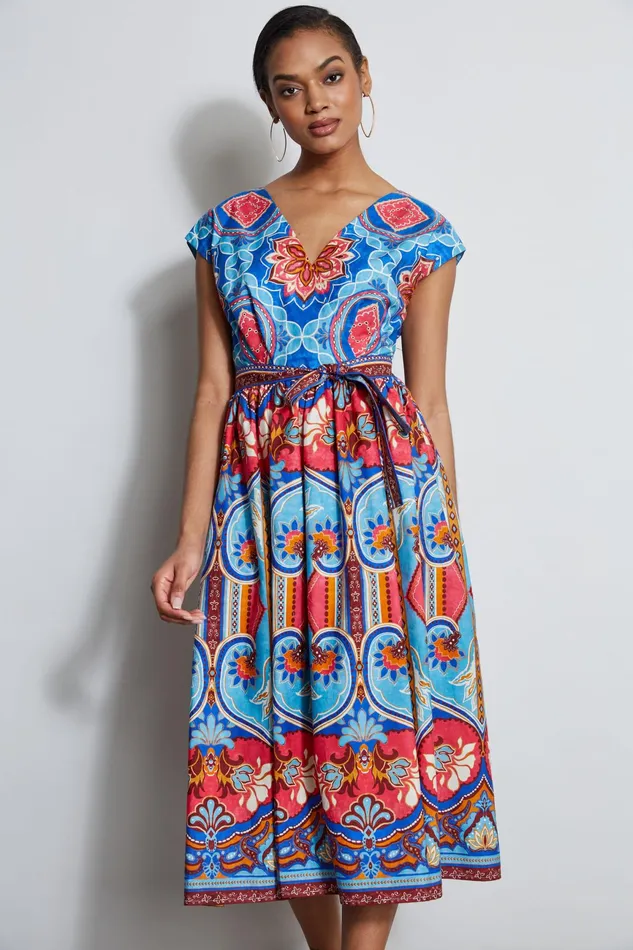 Women Midi Dresses Elie Tahari Tapestry Floral Cotton Midi Dress Tapestry Floral Print