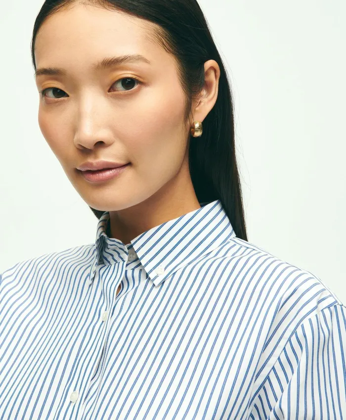 Women Relaxed Fit Stretch Supima Cotton NonIron Striped Dress Shirt Navywhite Brooks Brothers Blouses and Shirts