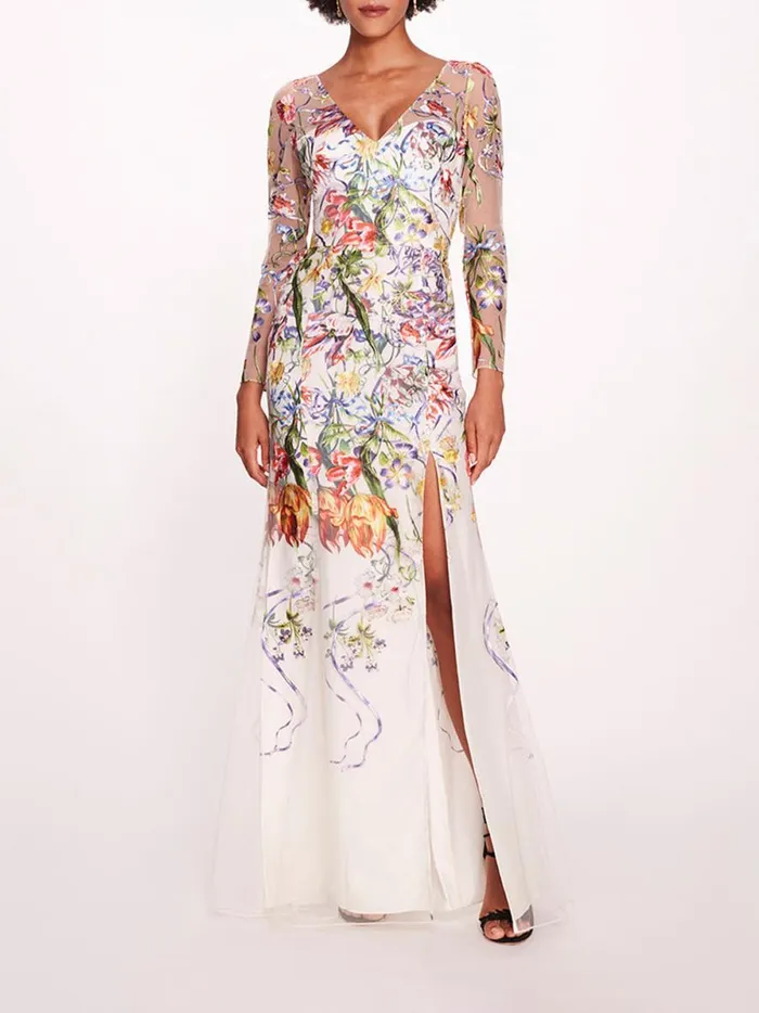 Women Ribbons Long Sleeve Gown Ivory Multi Marchesa Marchesa Notte
