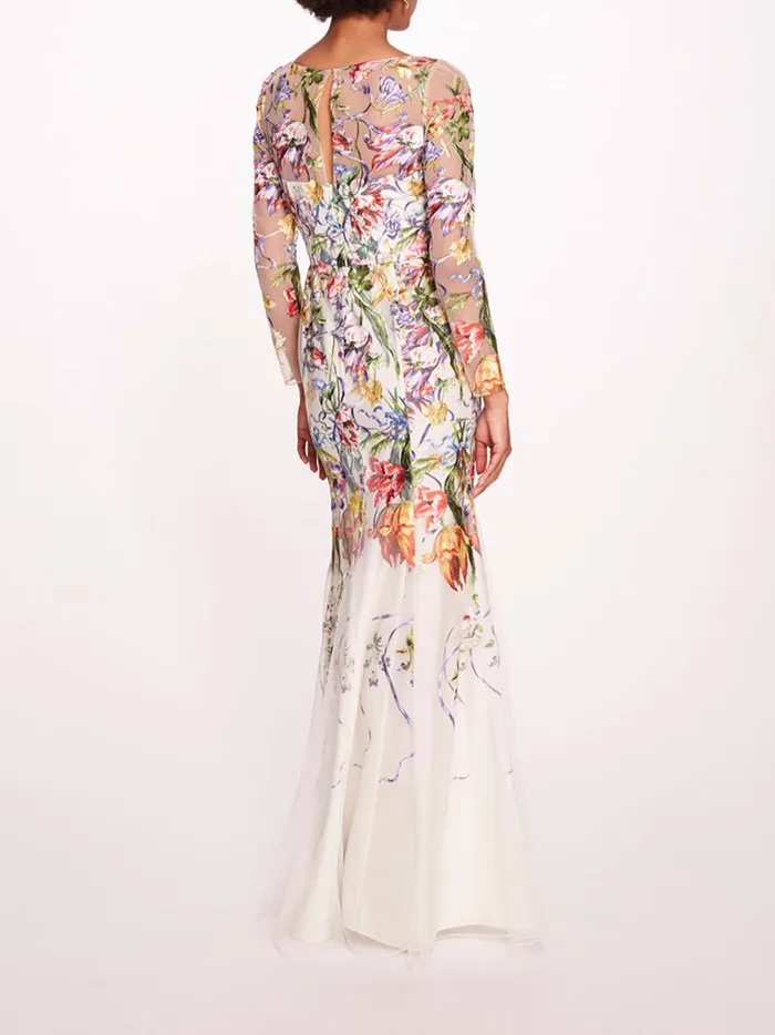 Women Ribbons Long Sleeve Gown Ivory Multi Marchesa Marchesa Notte