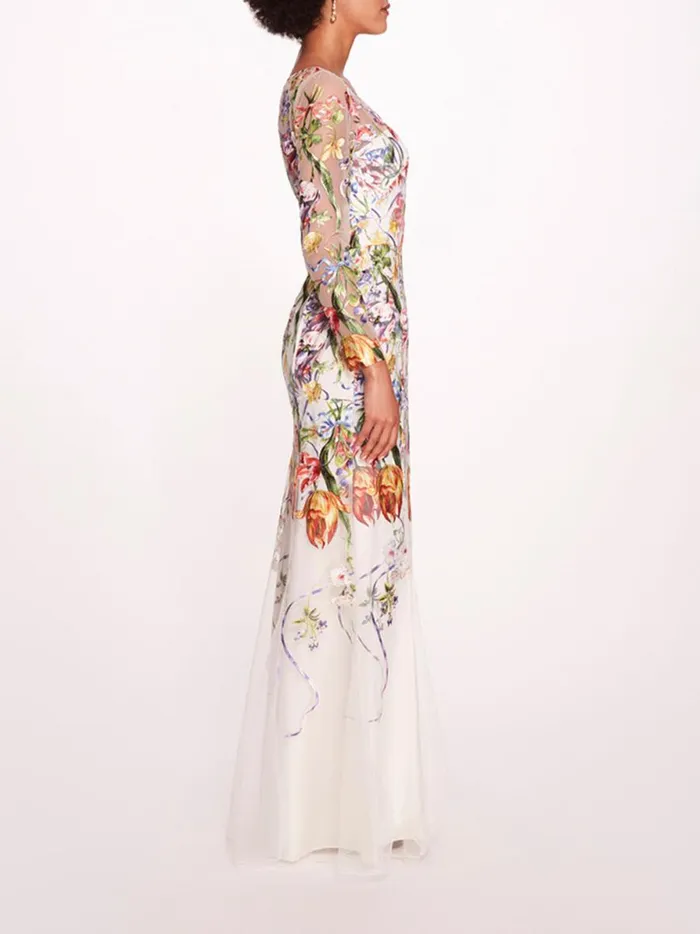 Women Ribbons Long Sleeve Gown Ivory Multi Marchesa Marchesa Notte