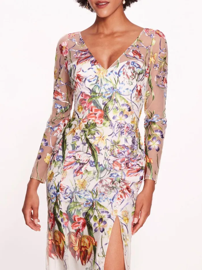 Women Ribbons Long Sleeve Gown Ivory Multi Marchesa Marchesa Notte