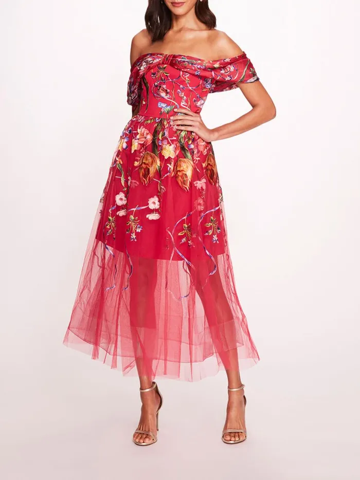 Women Ribbons Midi Dress Fuchsia Marchesa Marchesa Notte