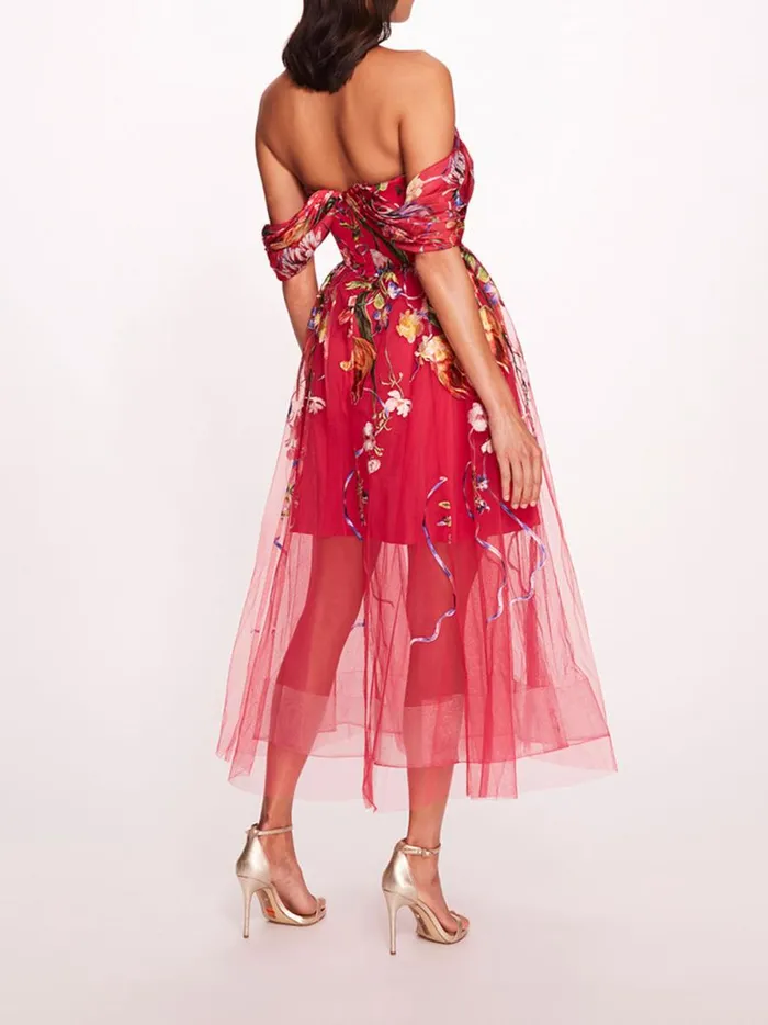 Women Ribbons Midi Dress Fuchsia Marchesa Marchesa Notte