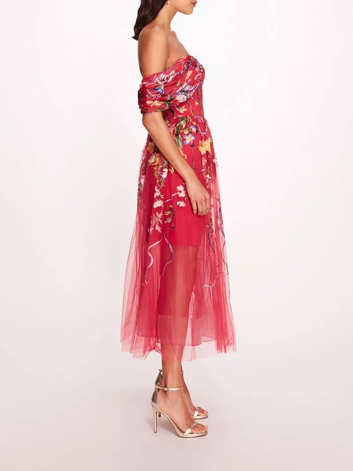 Women Ribbons Midi Dress Fuchsia Marchesa Marchesa Notte