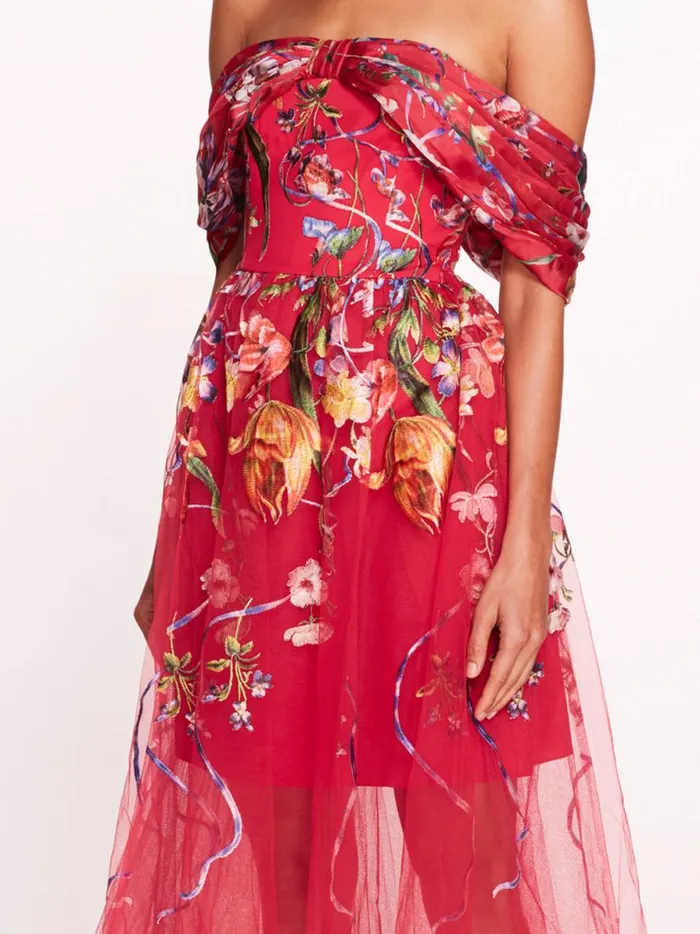 Women Ribbons Midi Dress Fuchsia Marchesa Marchesa Notte