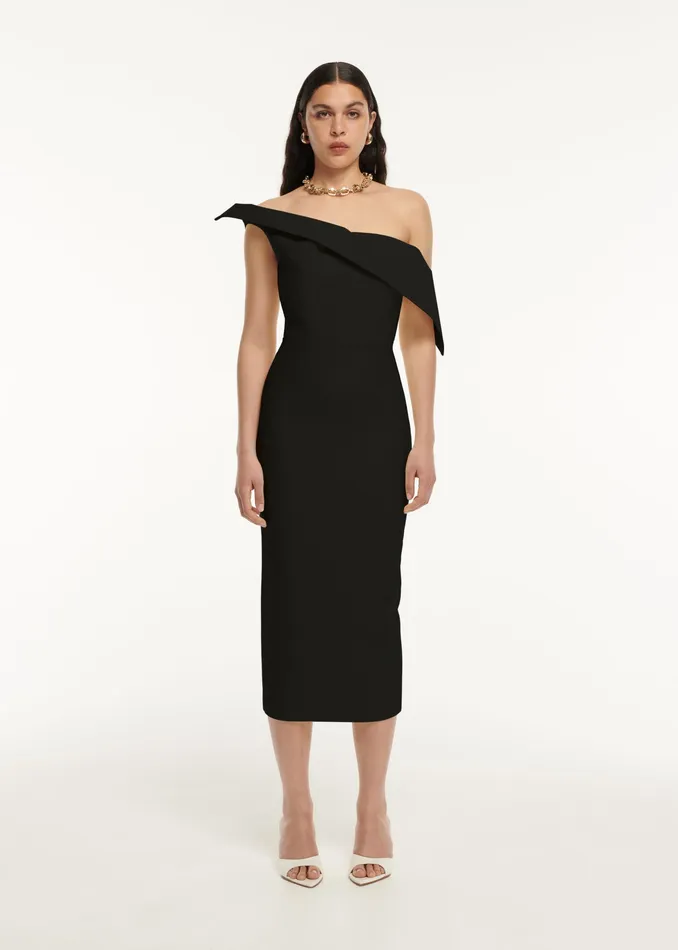 Women Roland Mouret Clothing Asymmetric Drape Wool Silk Midi Dress