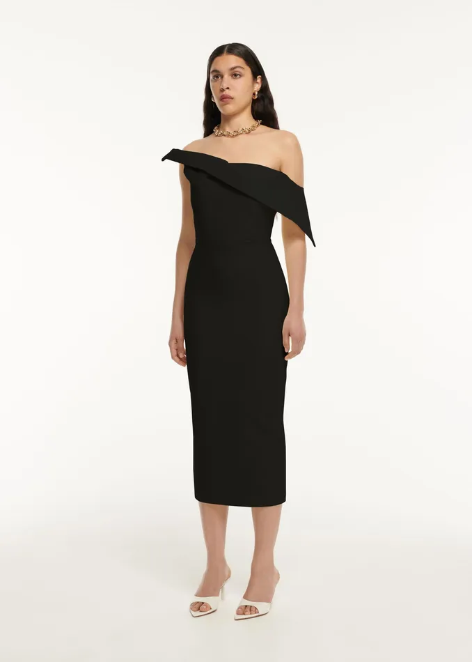 Women Roland Mouret Clothing Asymmetric Drape Wool Silk Midi Dress