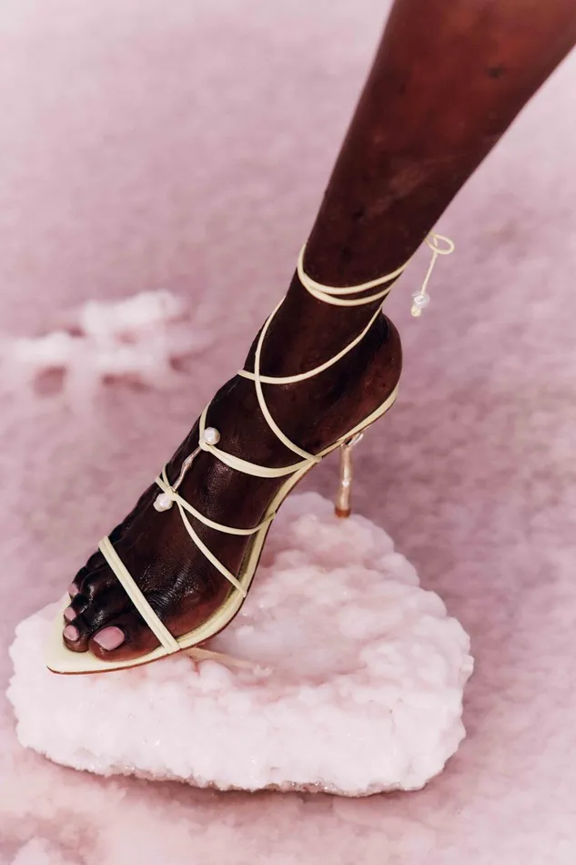 Women Shoes Aje Perenna Pearl Bar Strappy Heel Soft Lemon Yellow
