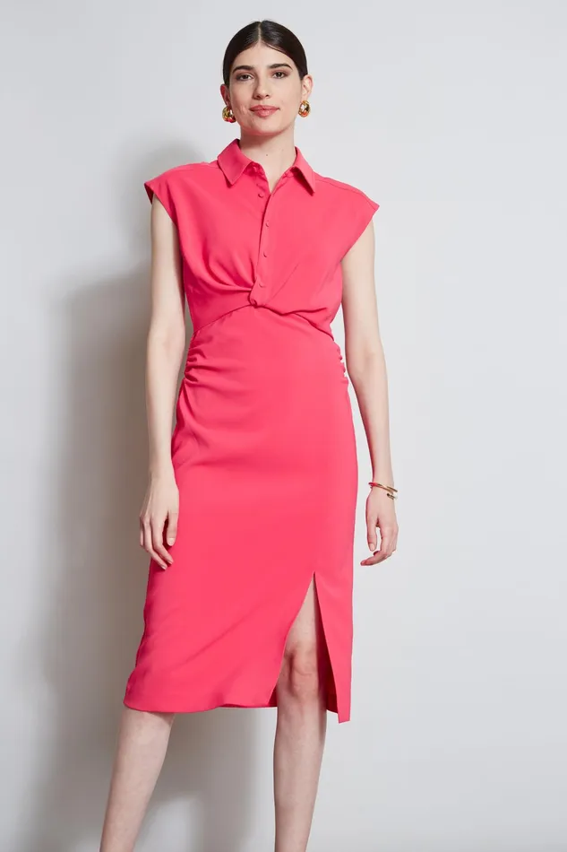 Women Short Sleeve Dresses Elie Tahari Twist Button Dress Wild Strawberry