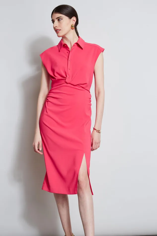 Women Short Sleeve Dresses Elie Tahari Twist Button Dress Wild Strawberry