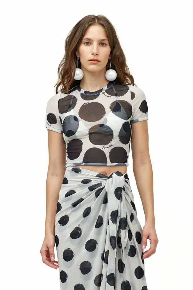 Women Simon Miller Prints Mesh Rolled Baby Tee Macadamia Black Dot Print Women Simon Miller Prints Mesh Rolled Baby Tee Macadamia Black Dot Print