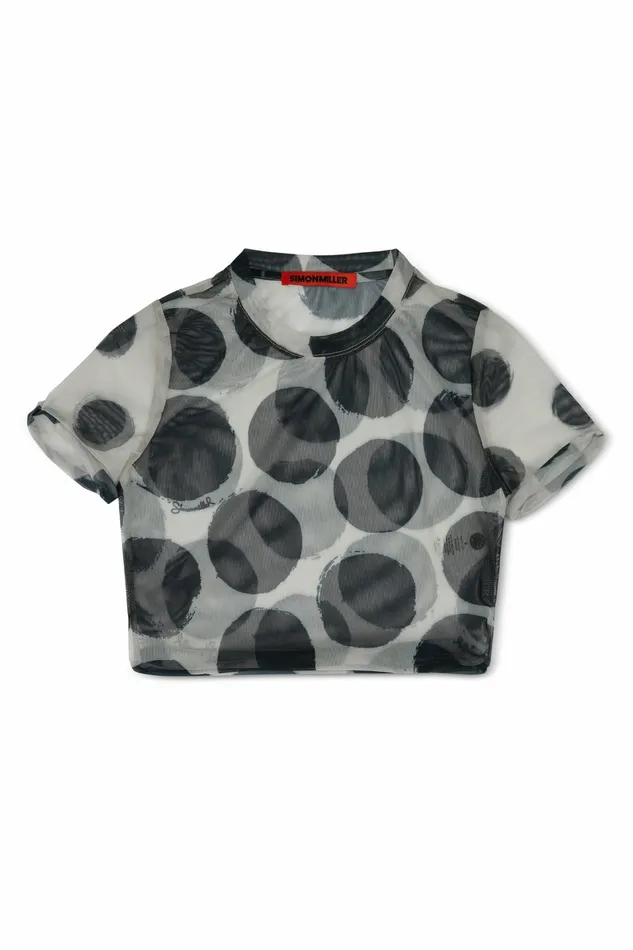 Women Simon Miller Prints Mesh Rolled Baby Tee Macadamia Black Dot Print Women Simon Miller Prints Mesh Rolled Baby Tee Macadamia Black Dot Print
