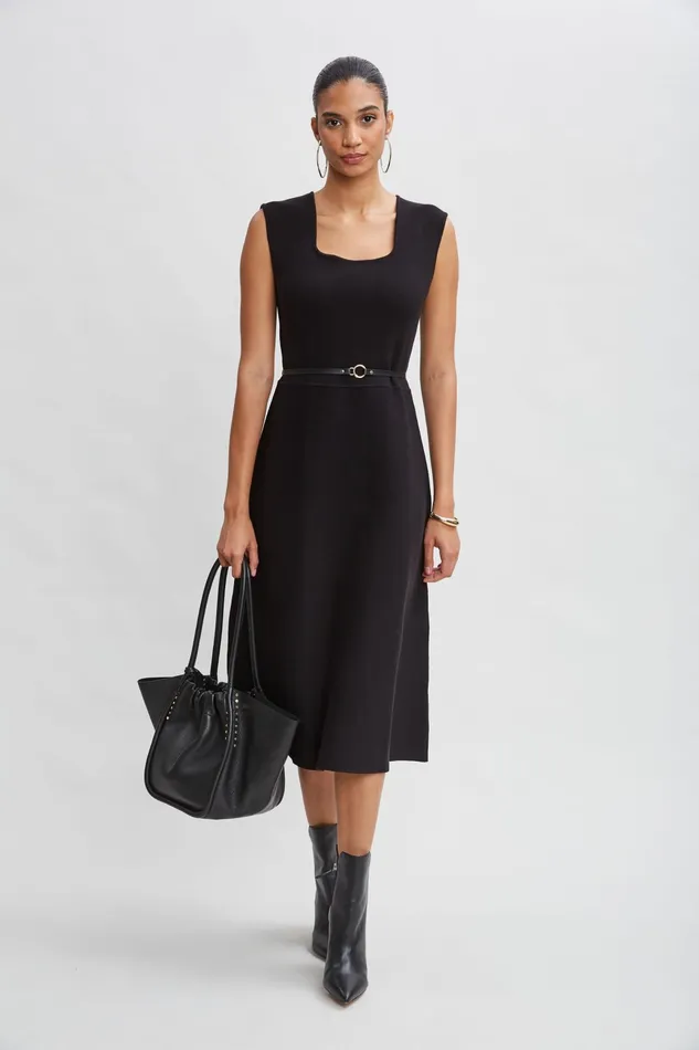 Women Sleeveless Dresses Elie Tahari Square Neck Belted Sweater Dress Noir