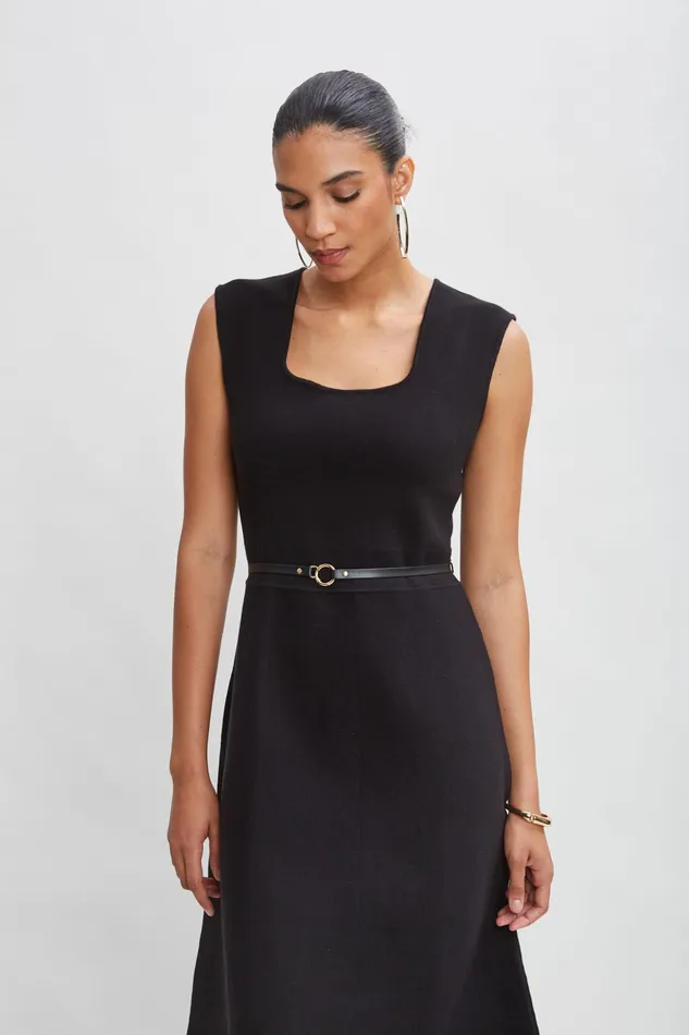 Women Sleeveless Dresses Elie Tahari Square Neck Belted Sweater Dress Noir