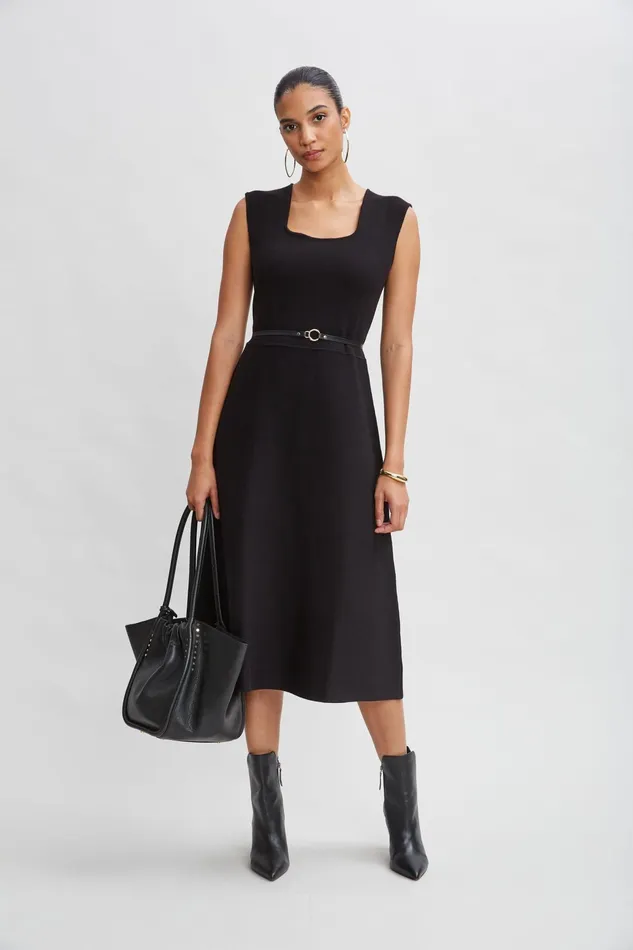 Women Sleeveless Dresses Elie Tahari Square Neck Belted Sweater Dress Noir