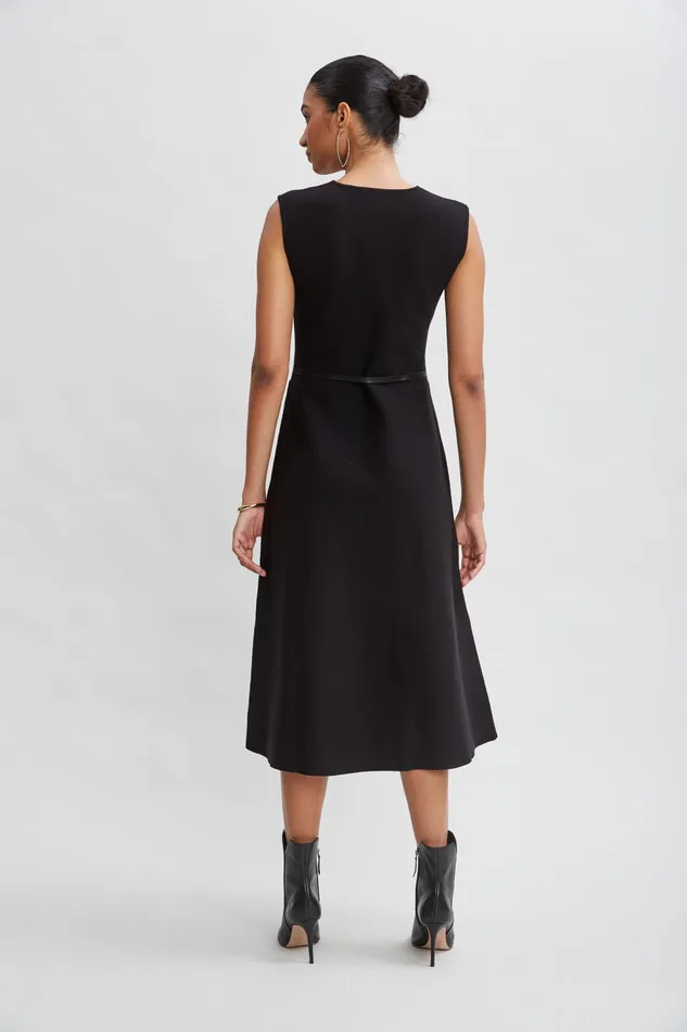 Women Sleeveless Dresses Elie Tahari Square Neck Belted Sweater Dress Noir