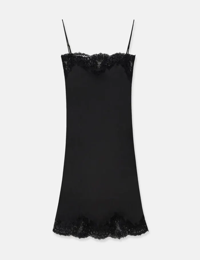 Women Stella McCartney Dresses Sleeveless Lace Satin Midi Dress Black