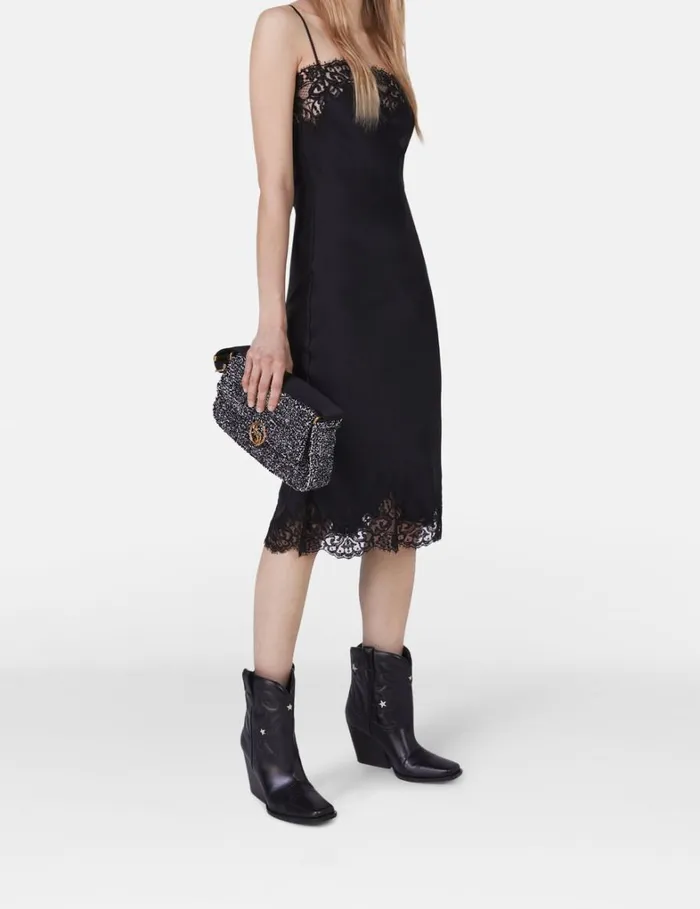 Women Stella McCartney Dresses Sleeveless Lace Satin Midi Dress Black Women Stella McCartney Dresses Sleeveless Lace Satin Midi Dress Black