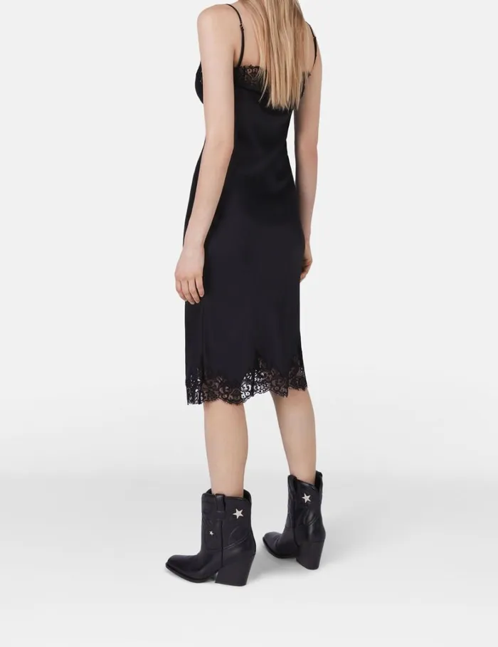 Women Stella McCartney Dresses Sleeveless Lace Satin Midi Dress Black Women Stella McCartney Dresses Sleeveless Lace Satin Midi Dress Black