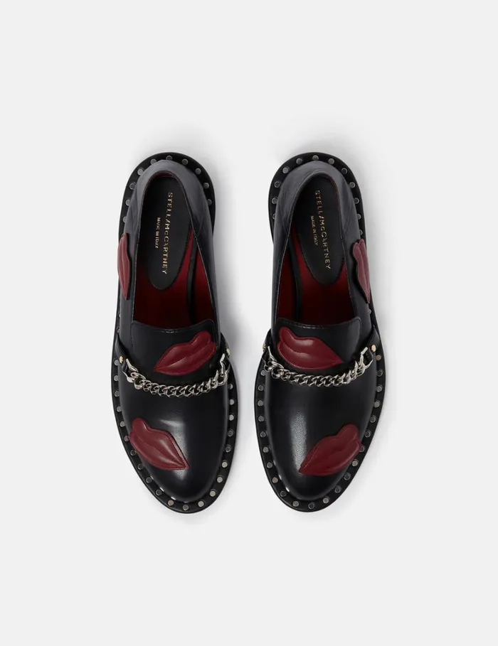 Women Stella McCartney Flats Falabella Lip Appliqu Loafers Pitch Black Women Stella McCartney Flats Falabella Lip Appliqu Loafers Pitch Black